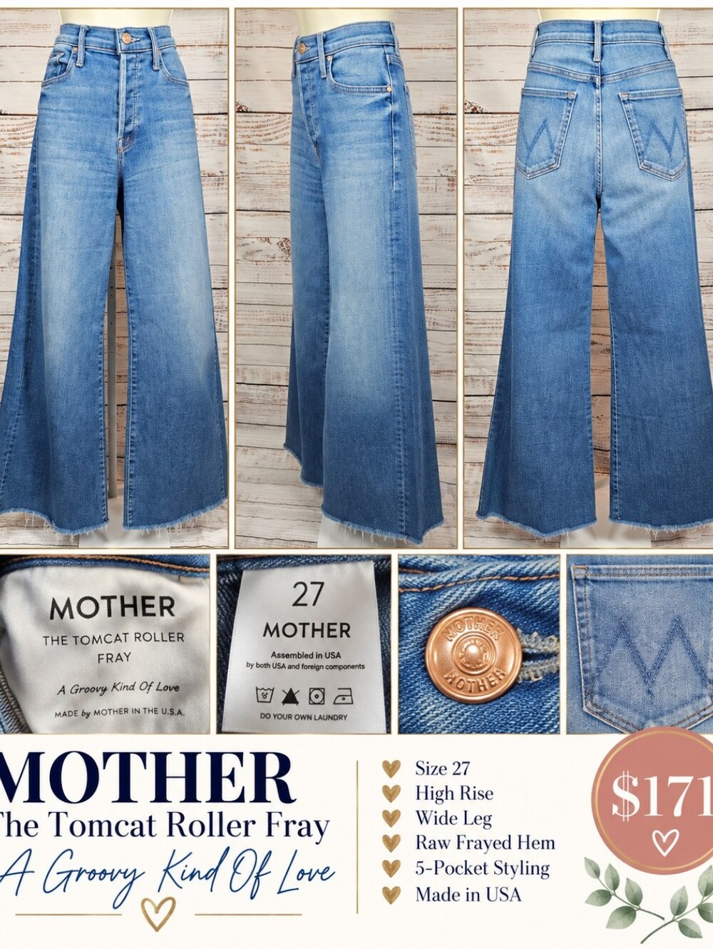 MOTHER Tomcat Roller Fray High Rise Wide Leg Jeans 27 A Groovy Kind of Love